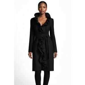 MILLY Belted Ruffle Front Coat Black Size 2 Peacoat Classy Chic Workwear